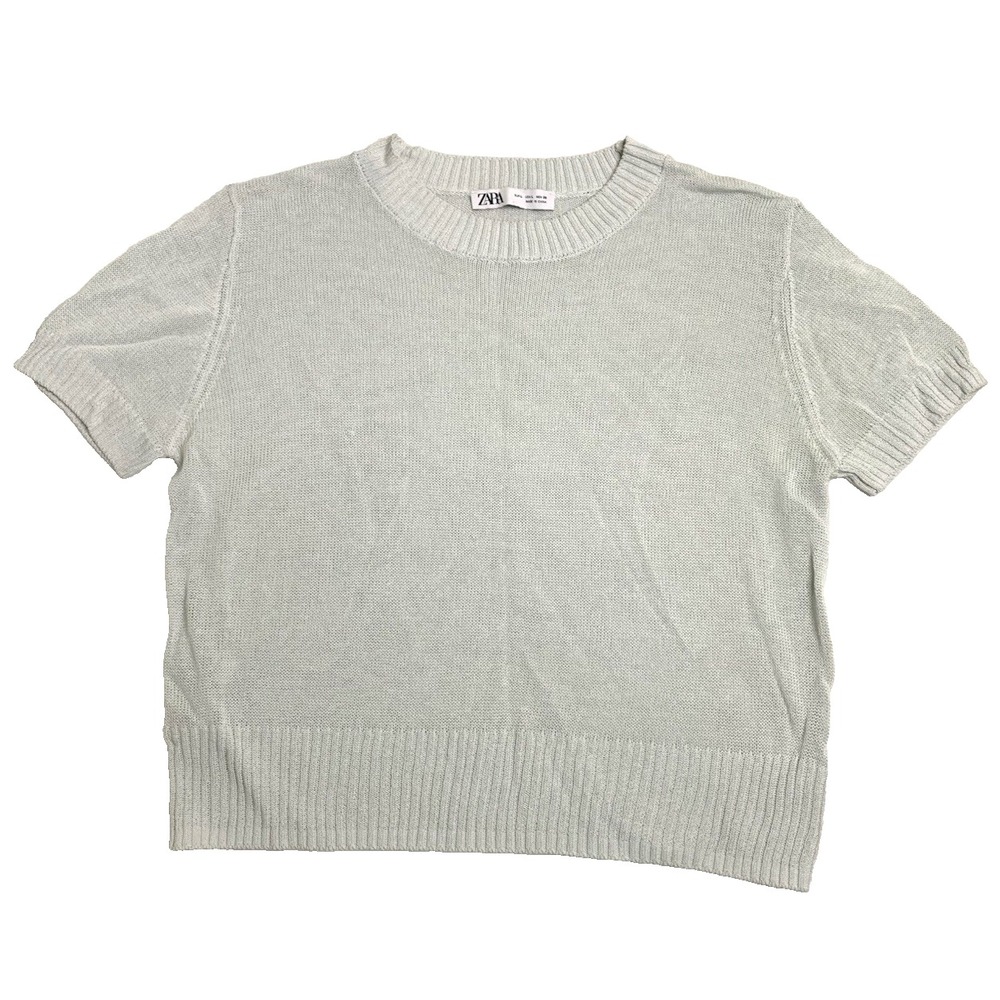 Zara skywhite Solid Knit Pullover Sweater Short Sleeve Crew Neck Women Size L
